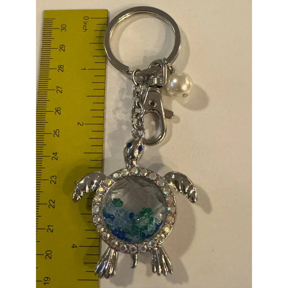 Silver Sea Turtle Shaker Keychain Blue Green Crystals AB Rhinestones Pearl Charm